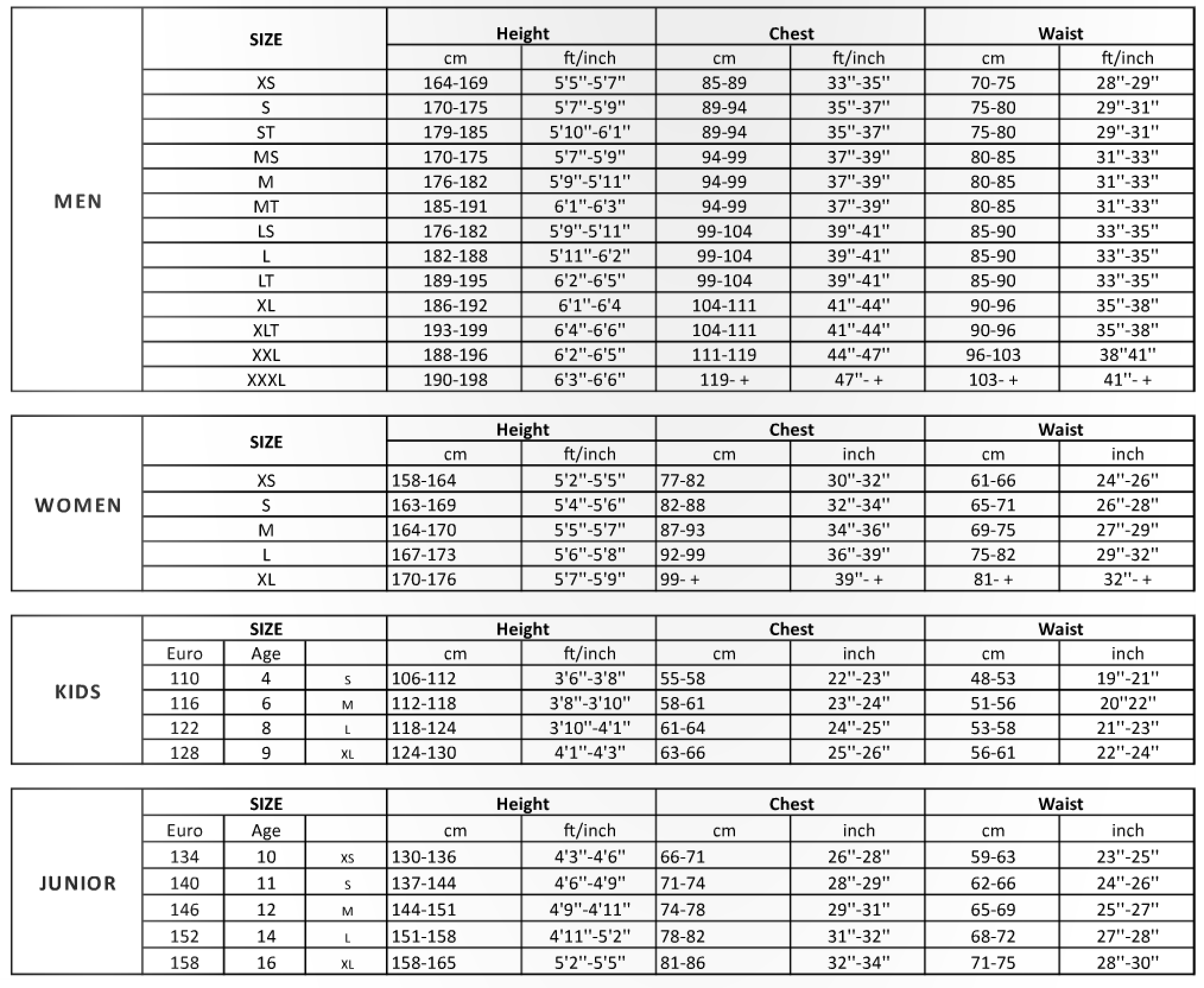 Mystic Impact Vest Size Chart