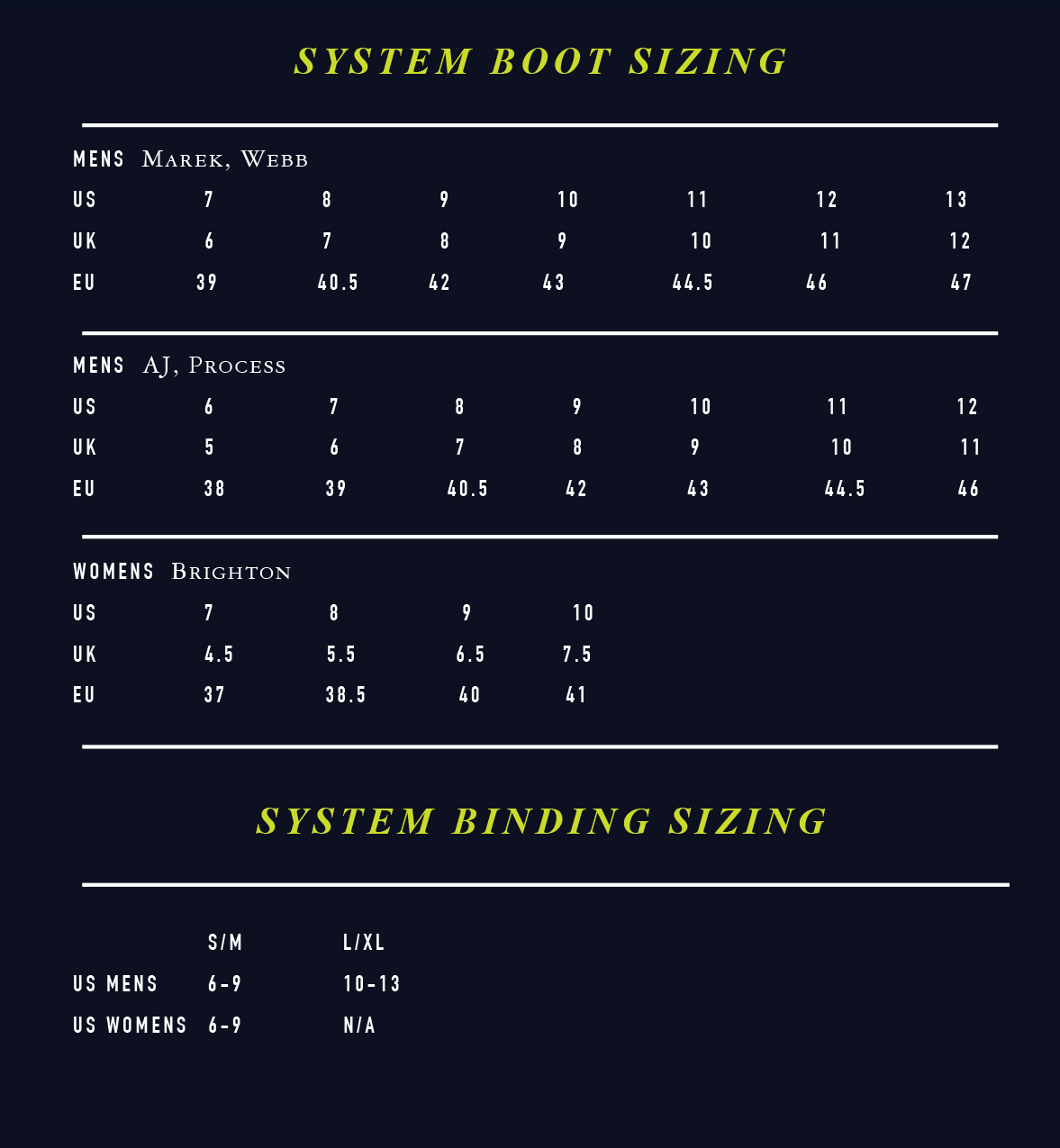 Mens Bindings Size Chart